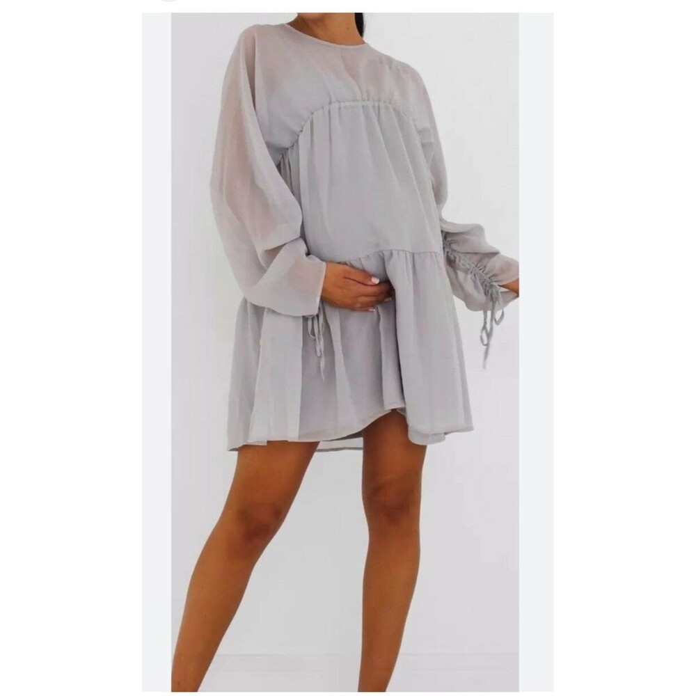 New Missguided Maternity Ruched Shirt Dress Grey Sheer Mesh Midi Dress Sz 12 a